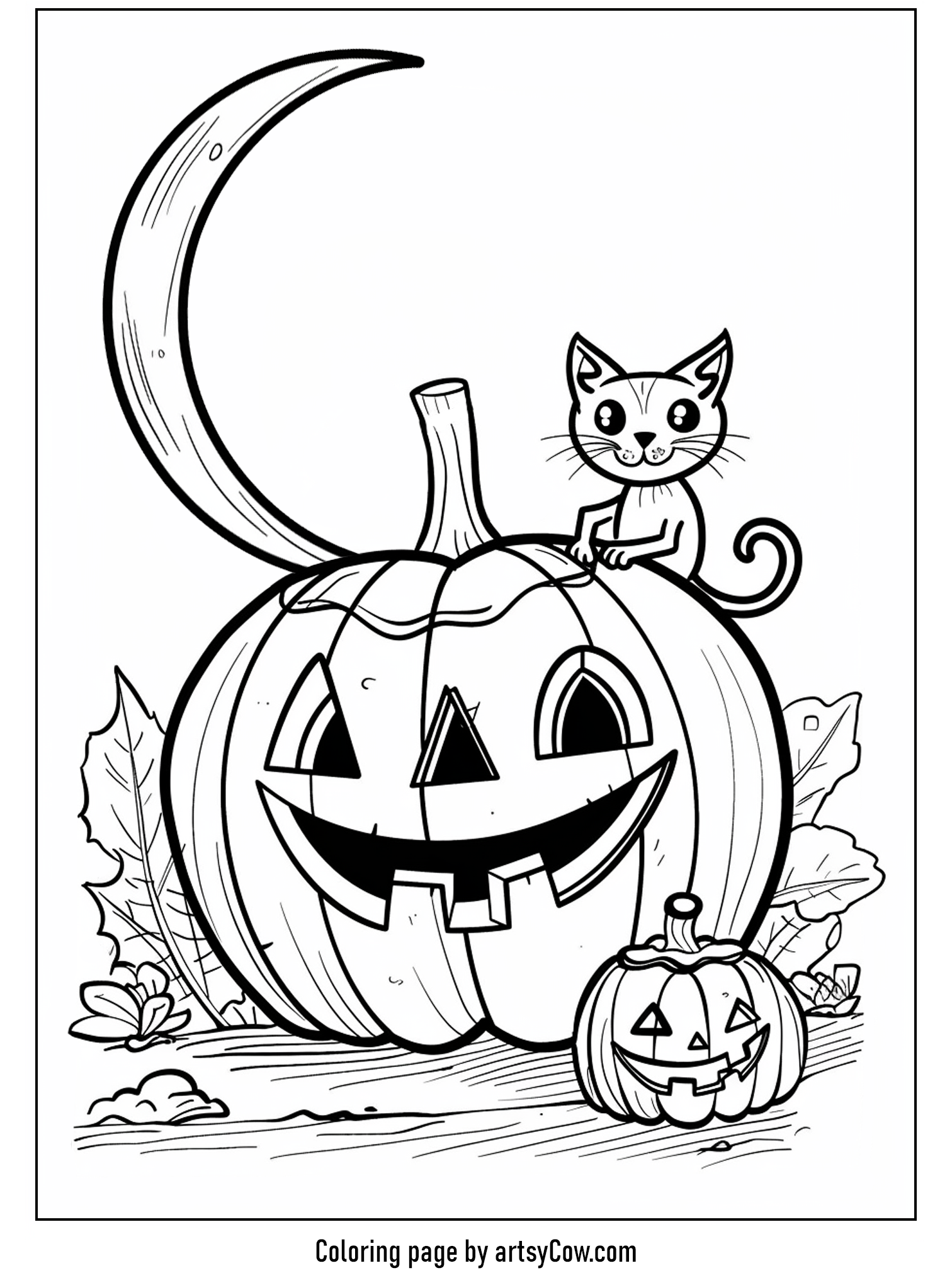 halloween pumpkin drawings for kids featuring a black cat sitting on a grinning jack-o'-lantern under a crescent moon.